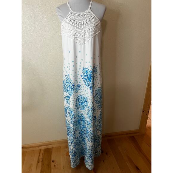 Lilly Pulitzer Dresses & Skirts - Lilly Pulitzer Pearl Soft Maxi Dress in white blue floral crochet WOMENS 10